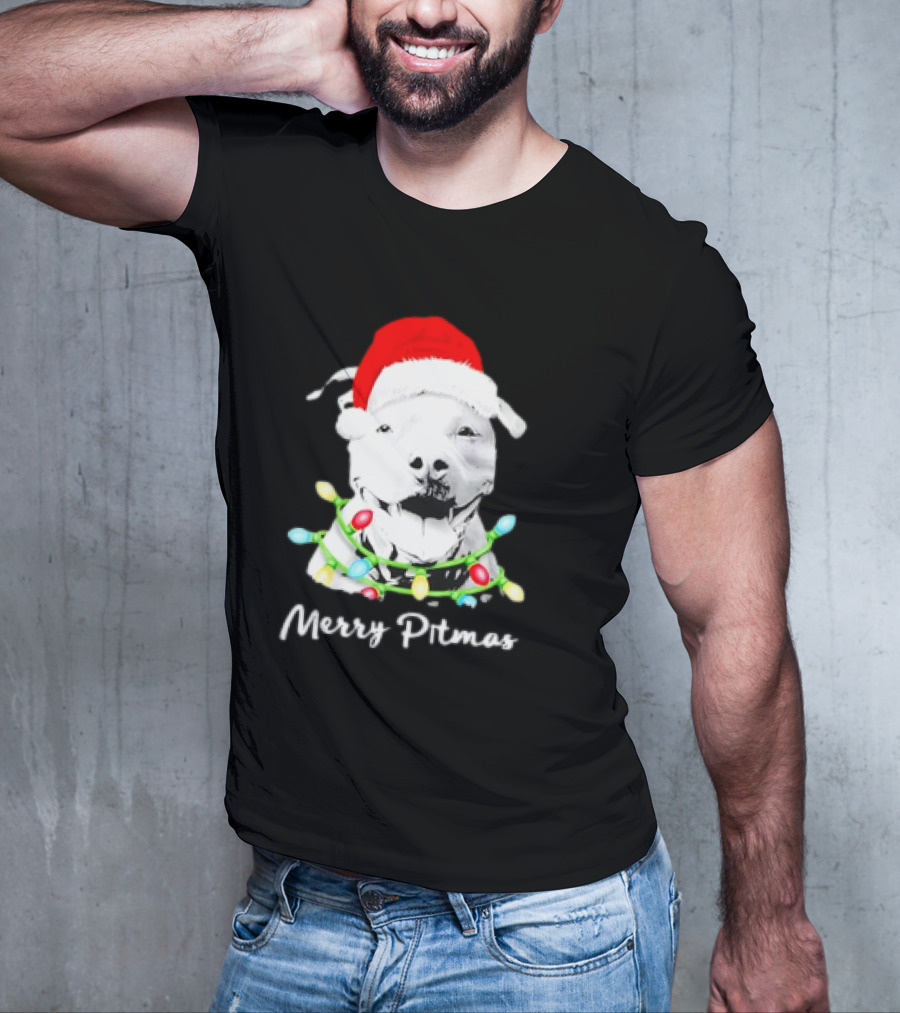 Merry Pitmas Pit Bull Santa With Christmas Tree Lights T-Shirt