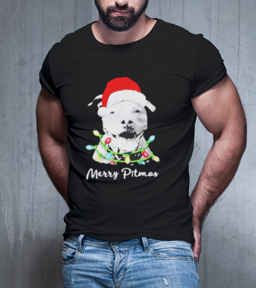 Merry Pitmas Pit Bull Santa With Christmas Tree Lights T-Shirt