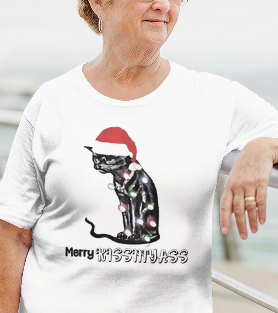 Merry Kiss My Ass Cat Christmas Lights Santa Hat T-Shirt