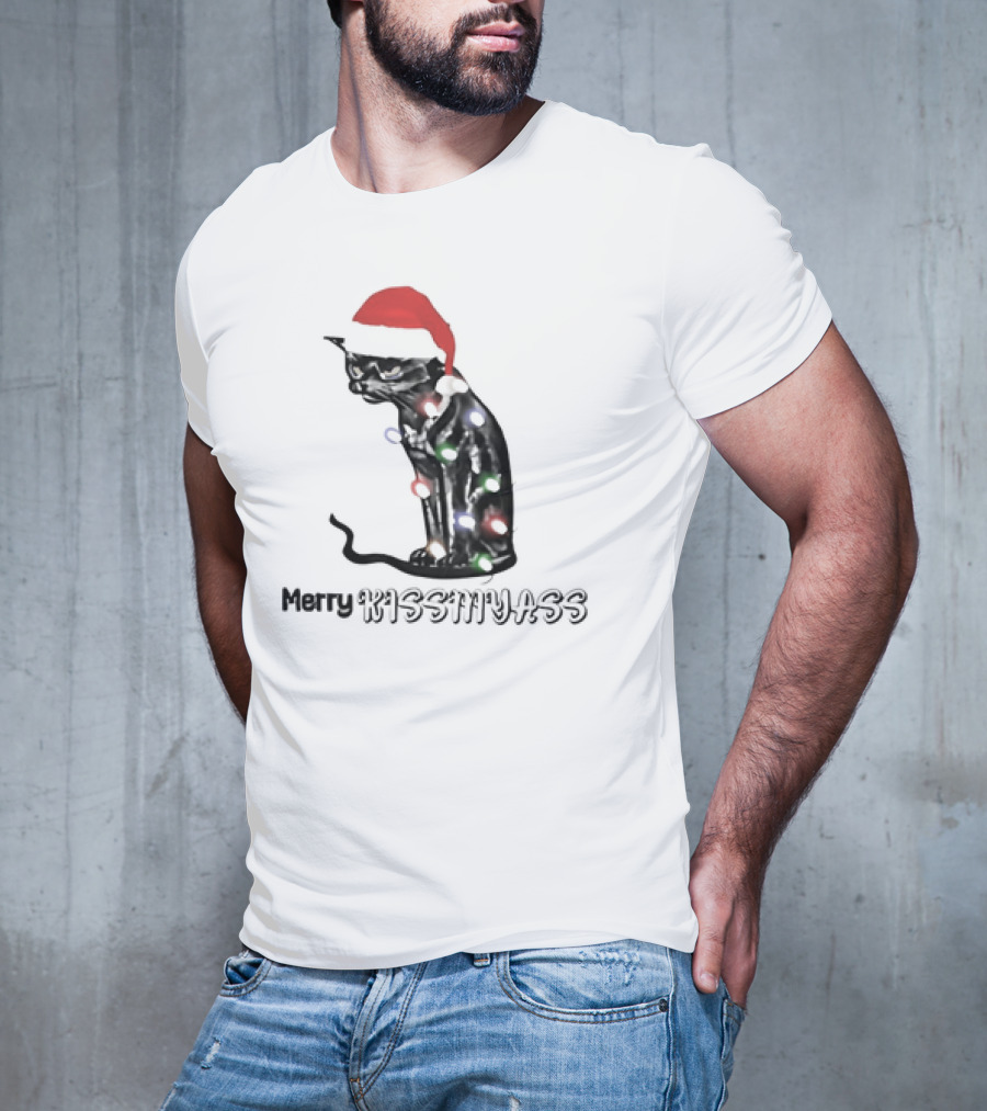 Merry Kiss My Ass Cat Christmas Lights Santa Hat T-Shirt