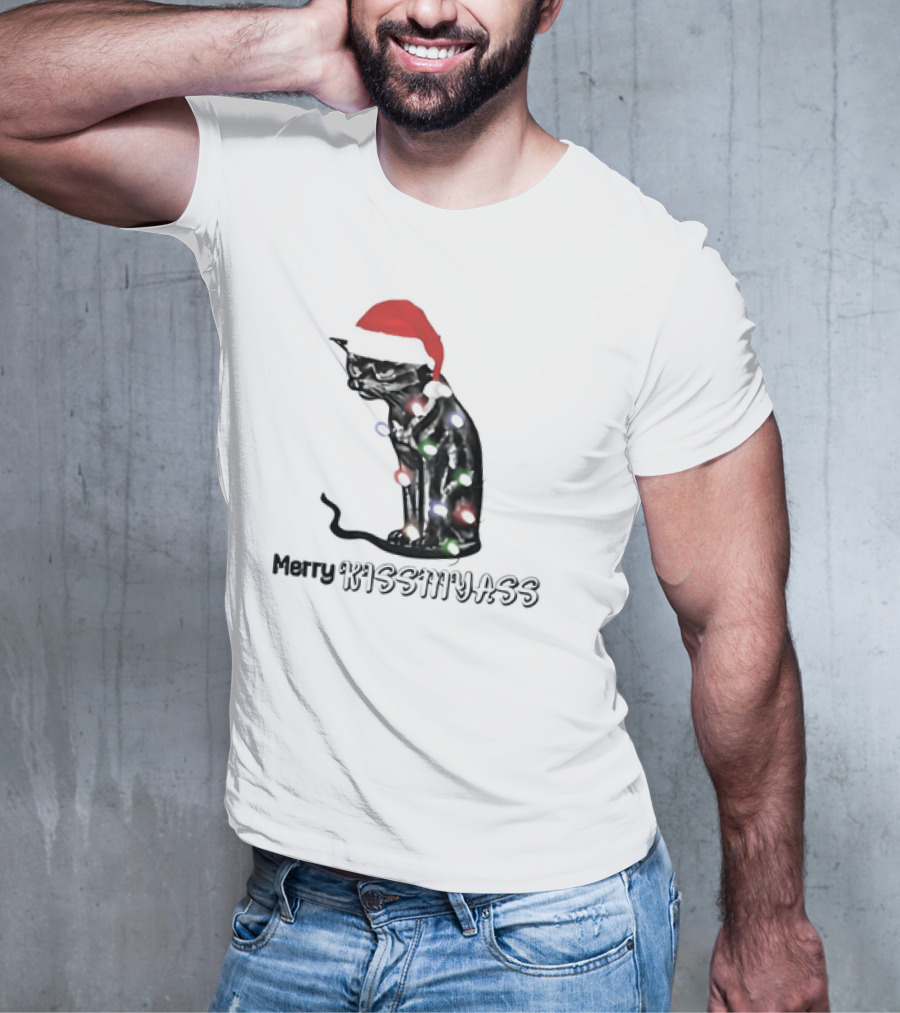 Merry Kiss My Ass Cat Christmas Lights Santa Hat T-Shirt