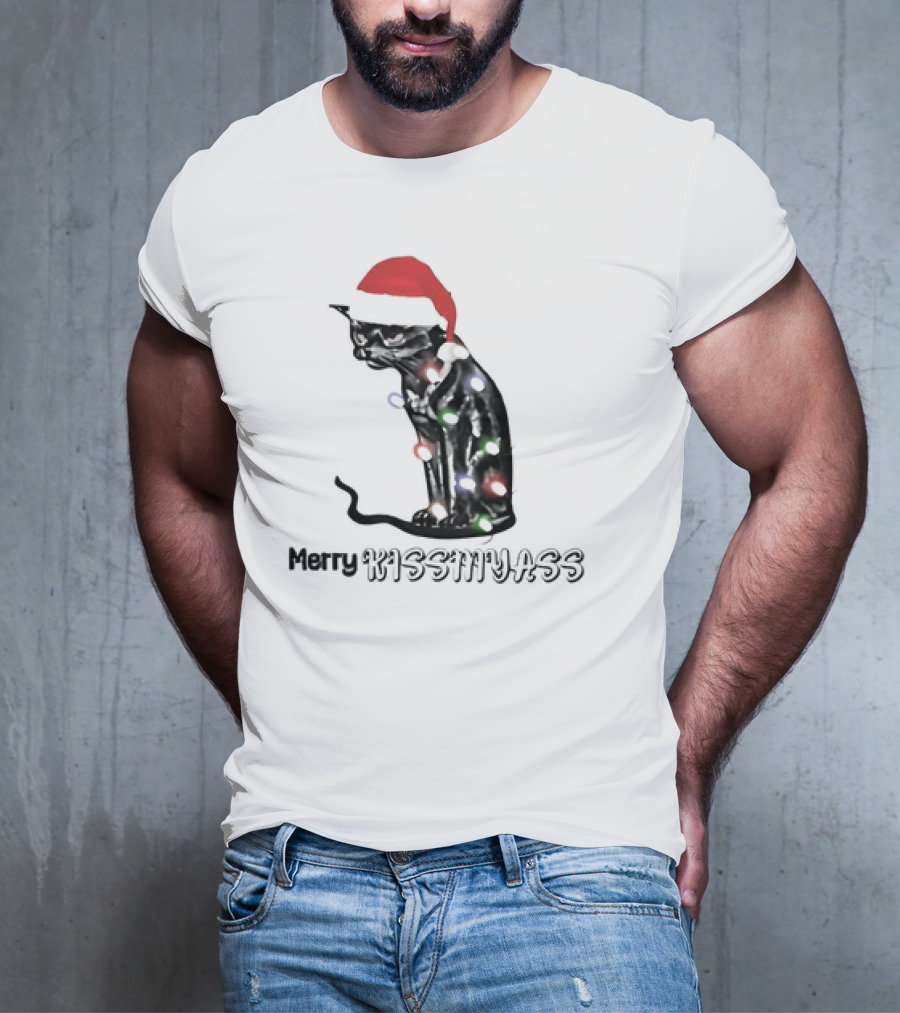 Merry Kiss My Ass Cat Christmas Lights Santa Hat T-Shirt