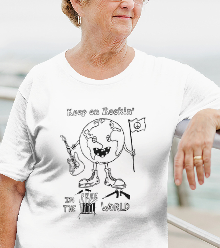 Keep On Rockin' In The Free World Peace Flag And Guitar Earth Drawing T-Shirt