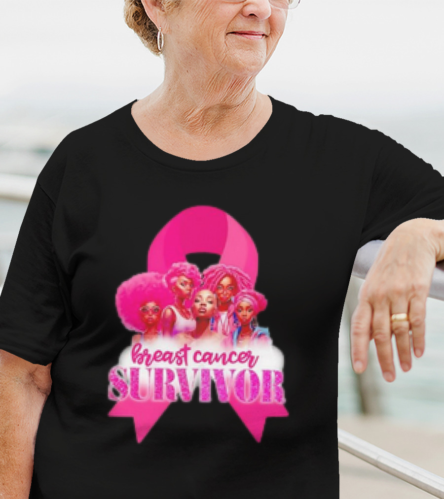 Breast Cancer Survivor Pink Ribbon Black Women Melanin Warrior T-Shirt