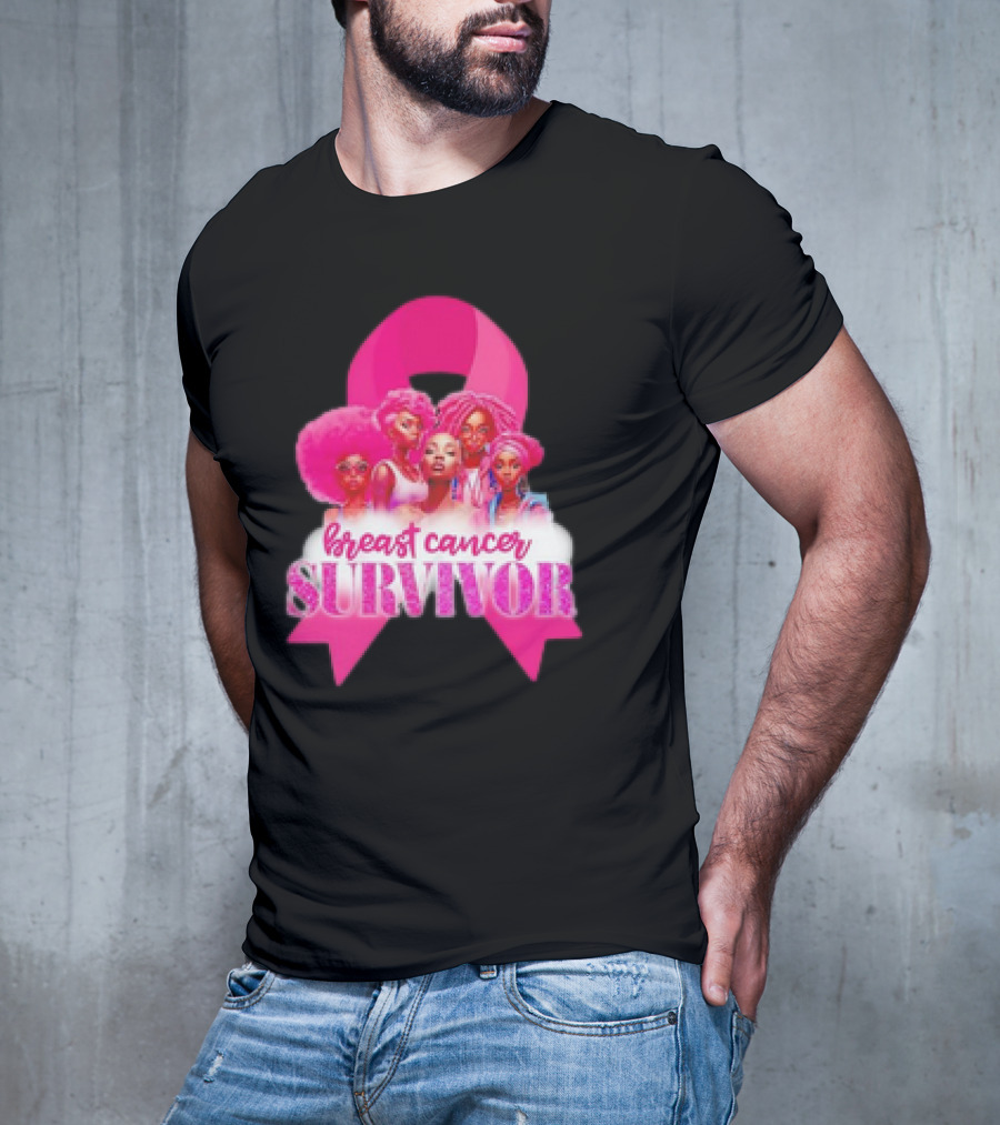 Breast Cancer Survivor Pink Ribbon Black Women Melanin Warrior T-Shirt