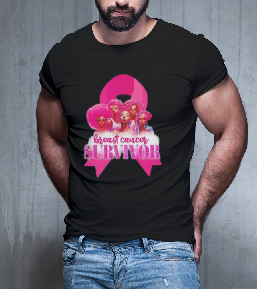 Breast Cancer Survivor Pink Ribbon Black Women Melanin Warrior T-Shirt
