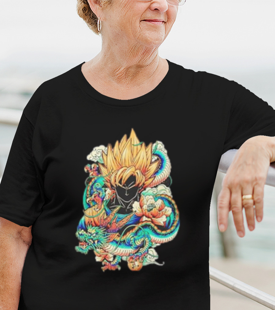 Colorful Dragon Ball Z Super Saiyan Goku With Dragon Serpent And Clouds T-Shirt