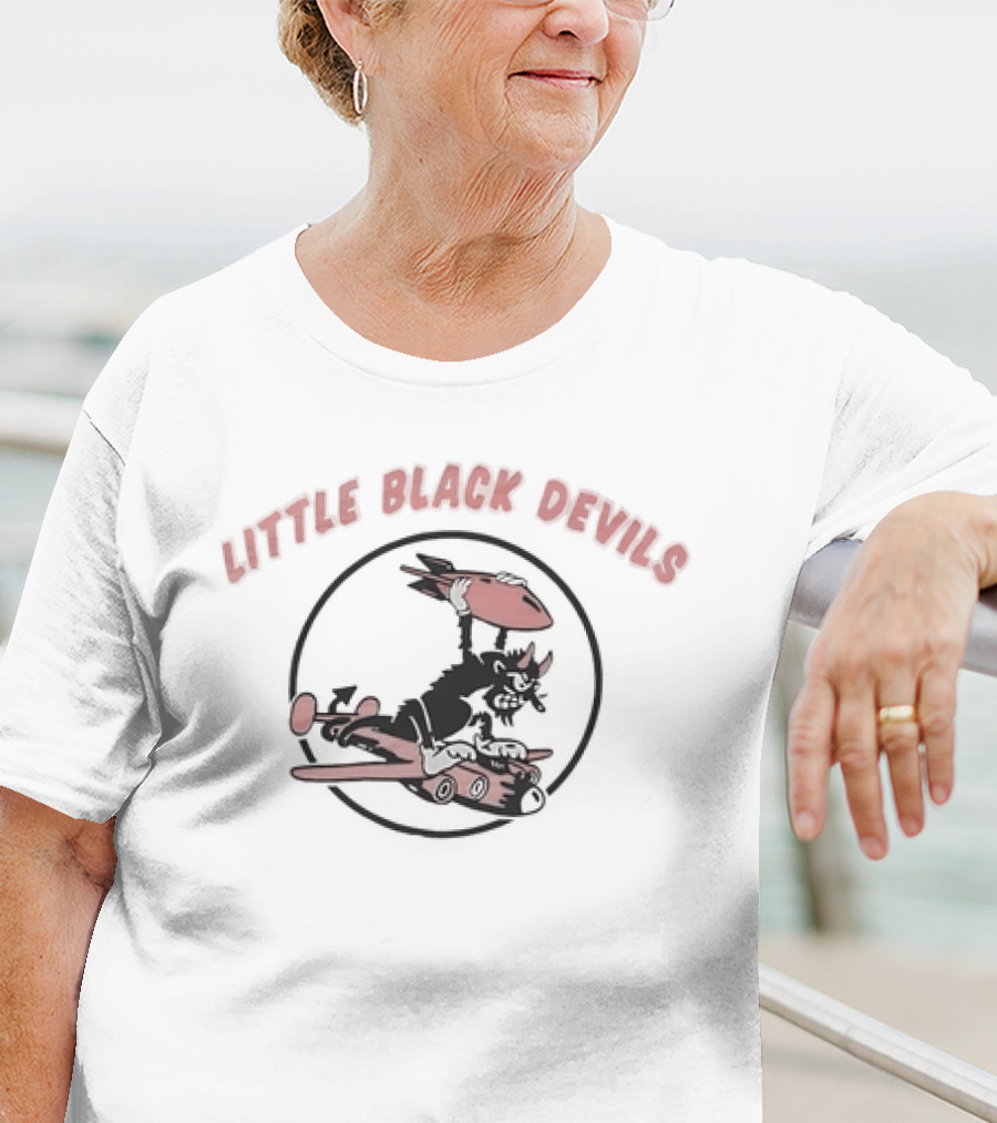 Little Black Devils Cartoon Character Holding Bomb On Airplane T-Shirt