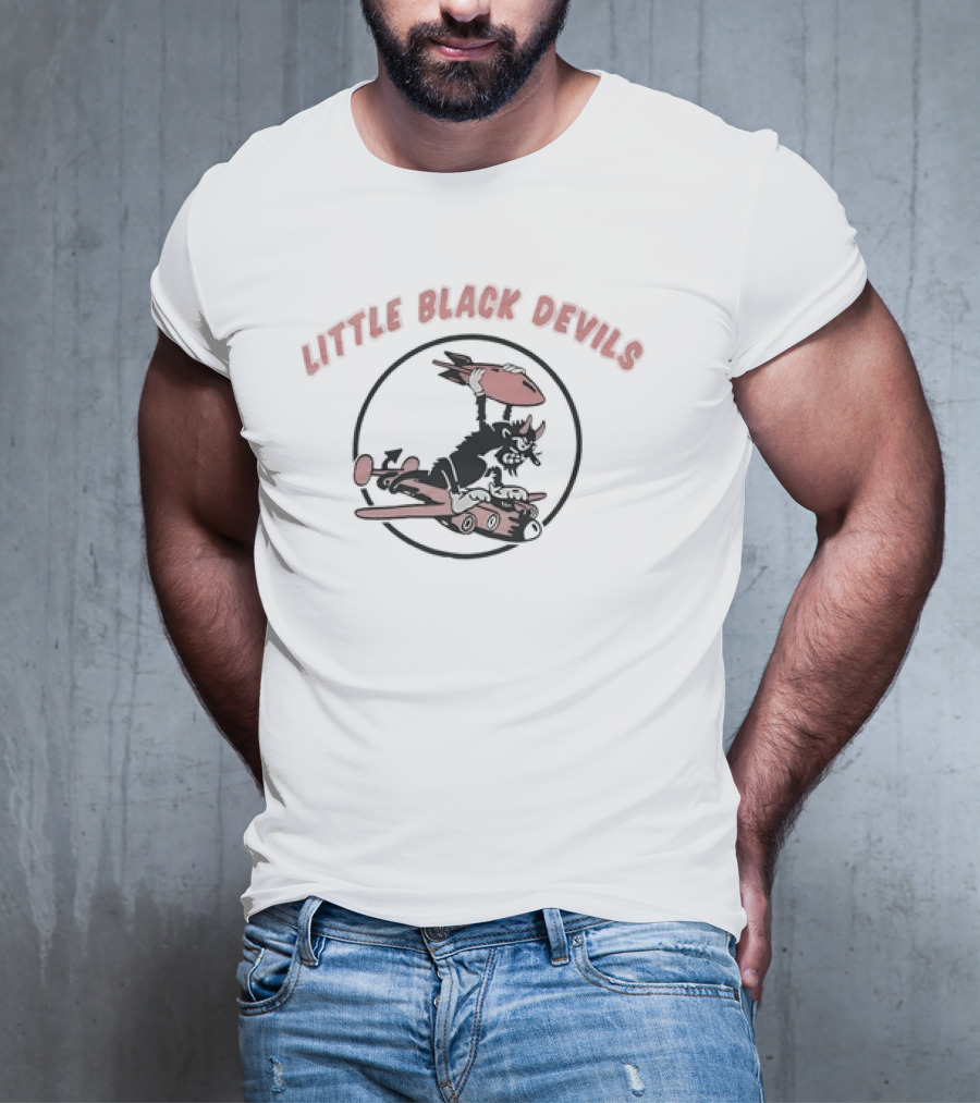 Little Black Devils Cartoon Character Holding Bomb On Airplane T-Shirt