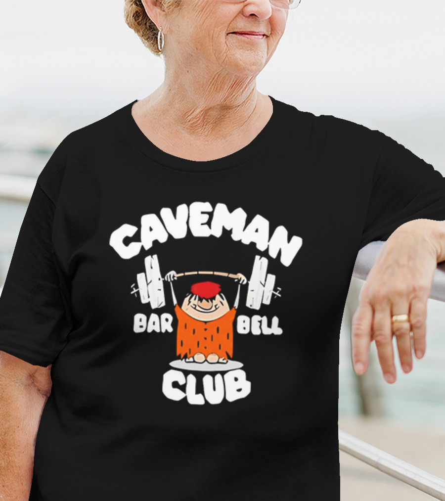 Caveman Club Bar Bell Weightlifting Cartoon T-Shirt