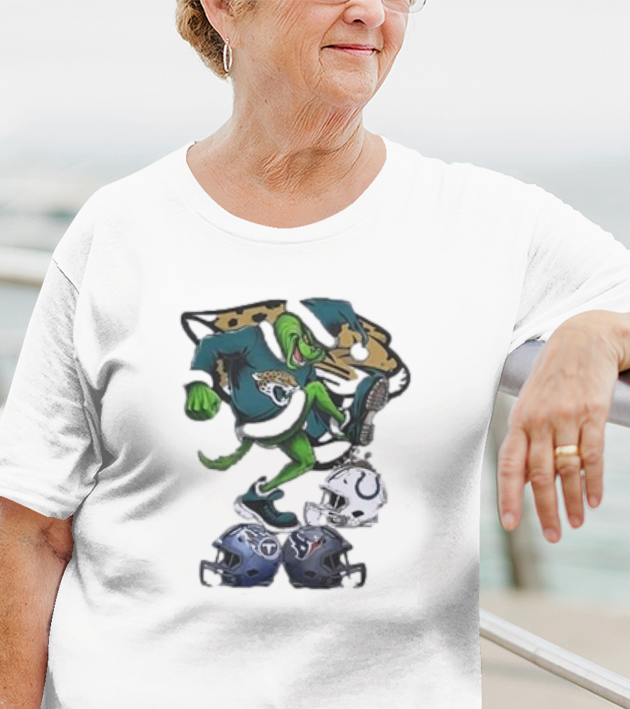 Christmas Grinch Jacksonville Jaguars Stomping NFL Colts Titans Texans Helmets T-Shirt