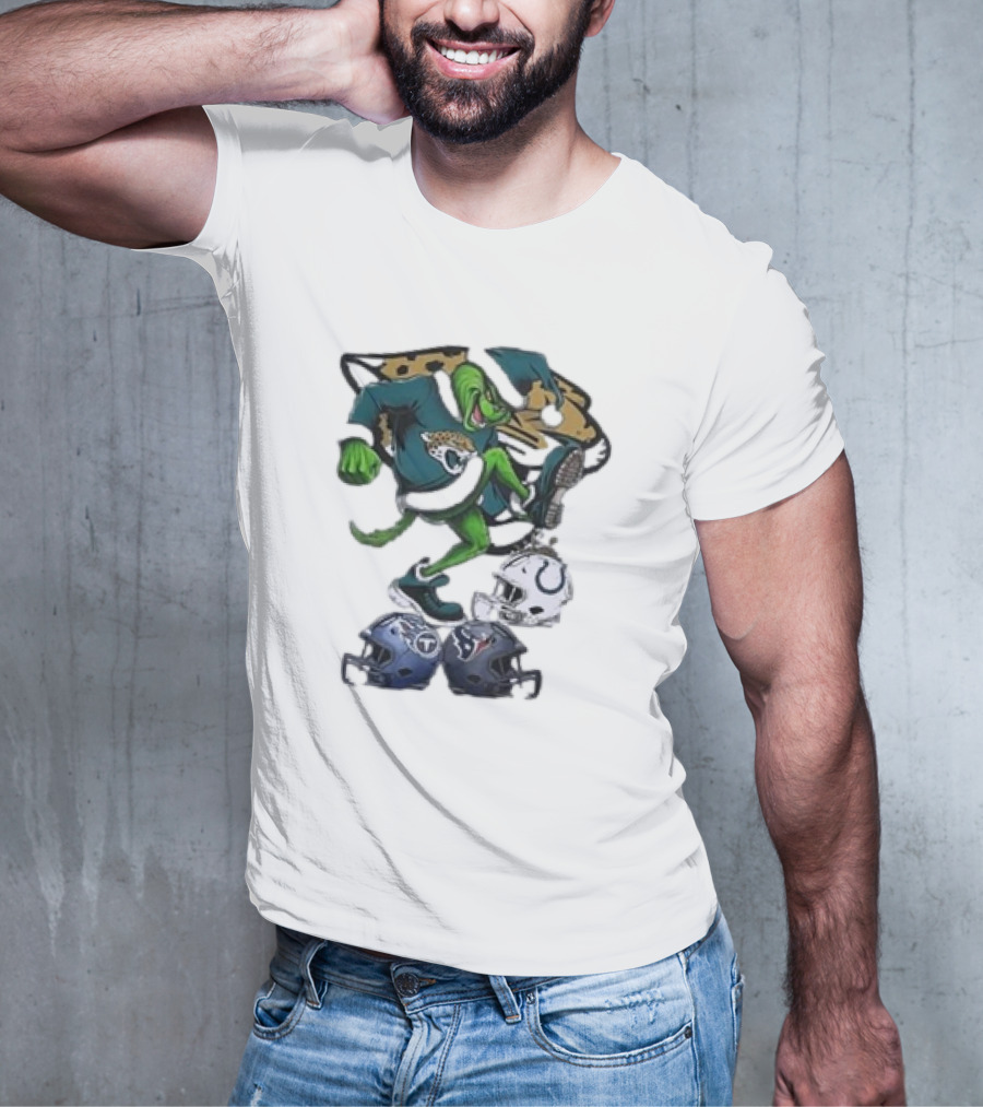 Christmas Grinch Jacksonville Jaguars Stomping NFL Colts Titans Texans Helmets T-Shirt