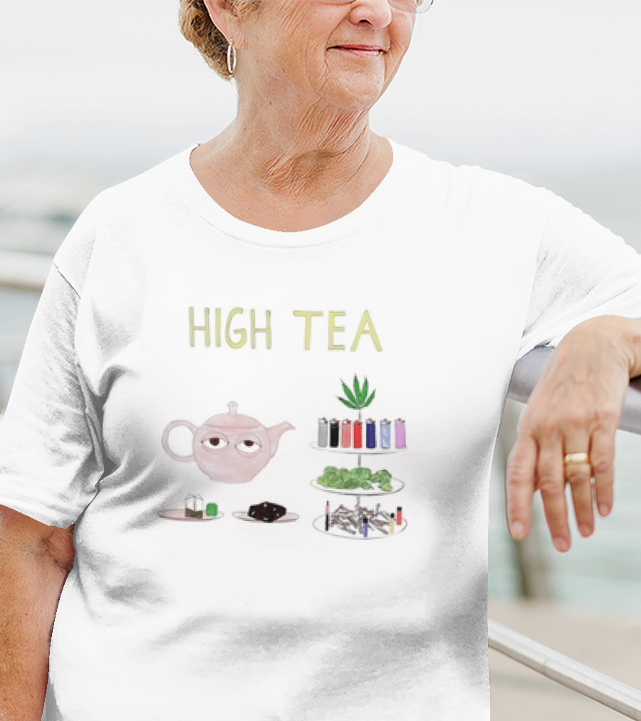 HIGH TEA Teapot Lighters Cannabis Leaves Cookies Pipes T-Shirt