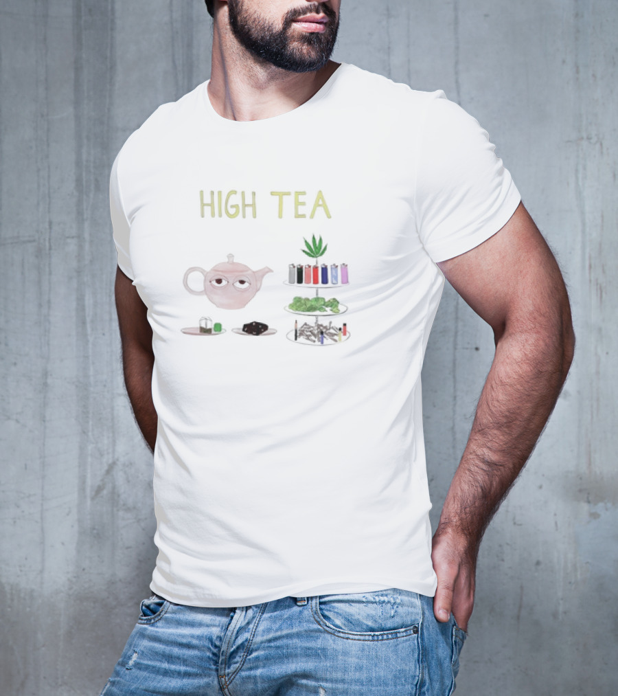 HIGH TEA Teapot Lighters Cannabis Leaves Cookies Pipes T-Shirt
