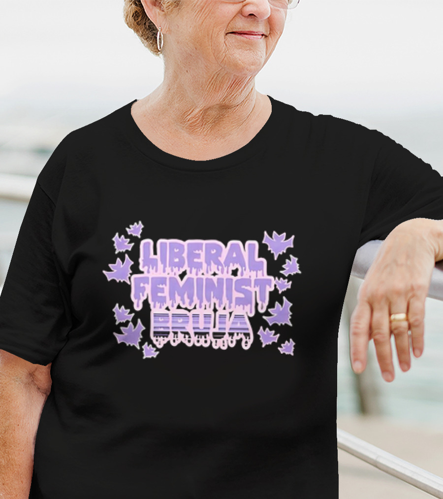 Liberal Feminist Bruja Dripping Text With Purple Leaf Accents T-Shirt