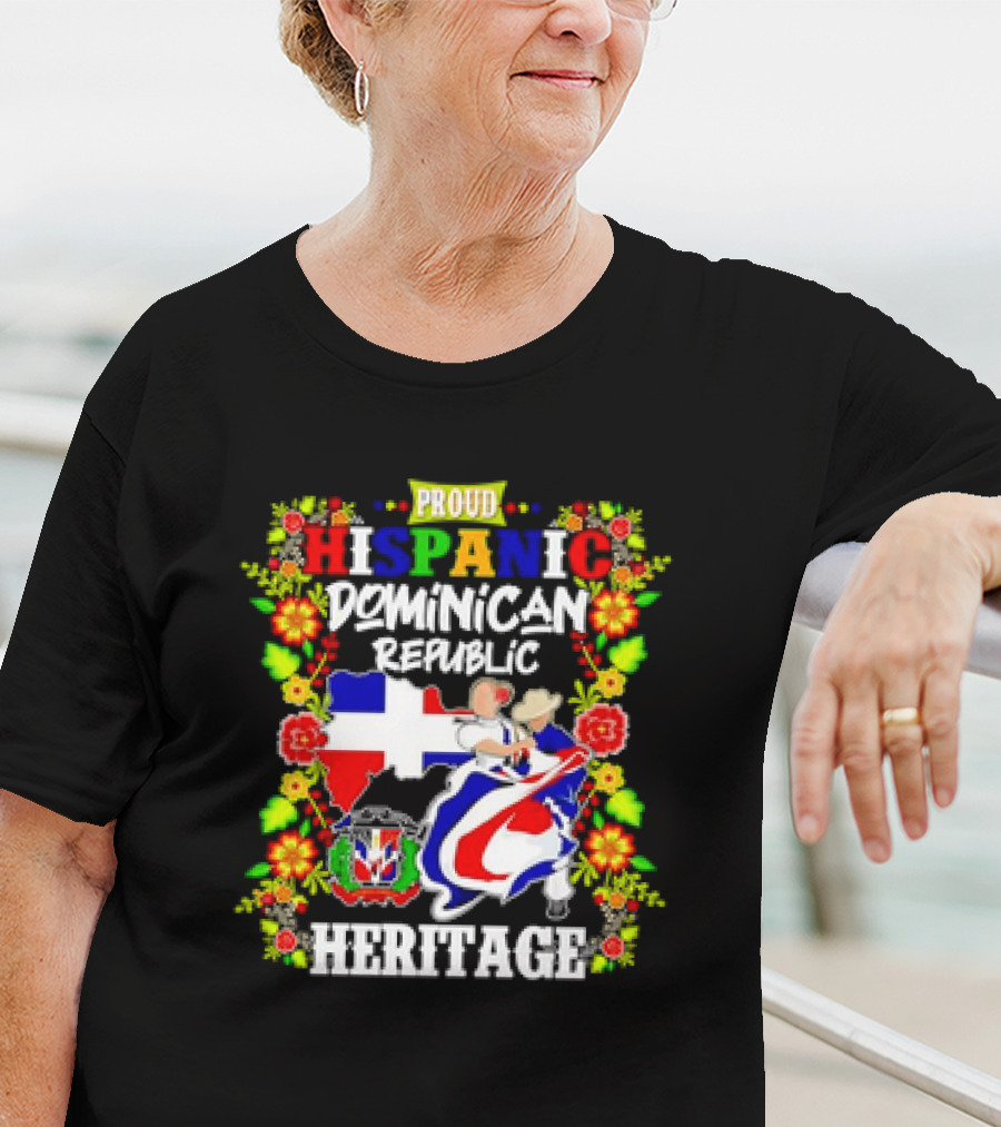 Proud Hispanic Dominican Republic Heritage Flowers And Flag T-Shirt