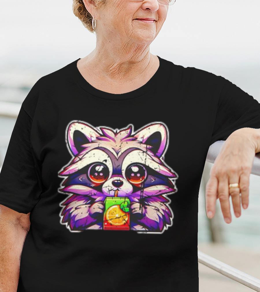 Raccoon Sipping A Juice Box Vintage Retro Style Cute Drinking Cartoon T-Shirt