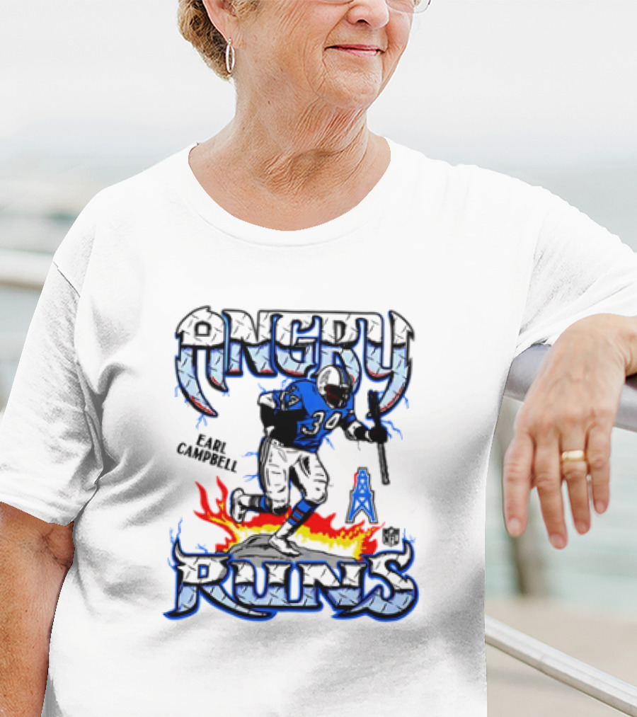 Angry Runs Earl Campbell Oilers NFL Flame Action T-Shirt