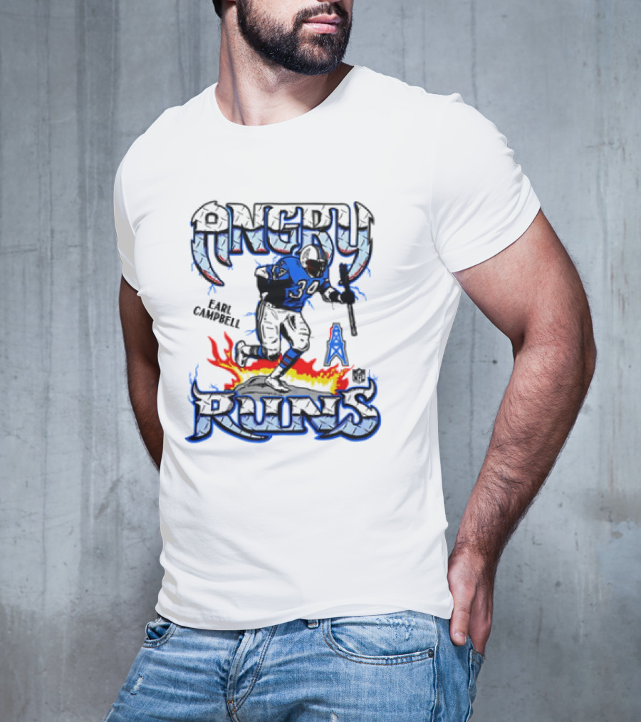 Angry Runs Earl Campbell Oilers NFL Flame Action T-Shirt