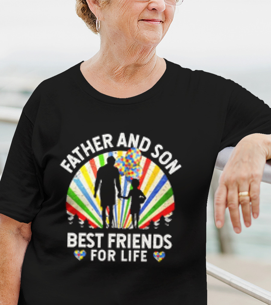 Father And Son Best Friends For Life Colorful Autism Awareness Ribbon Hearts T-Shirt