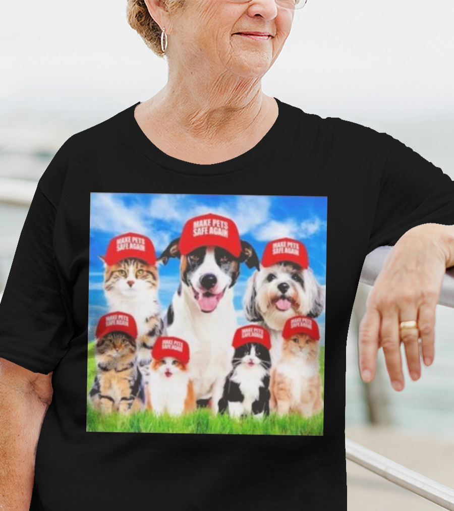 Six Cats And Dogs Wearing Red Make Pets Safe Again Hats On Green Grass T-Shirt
