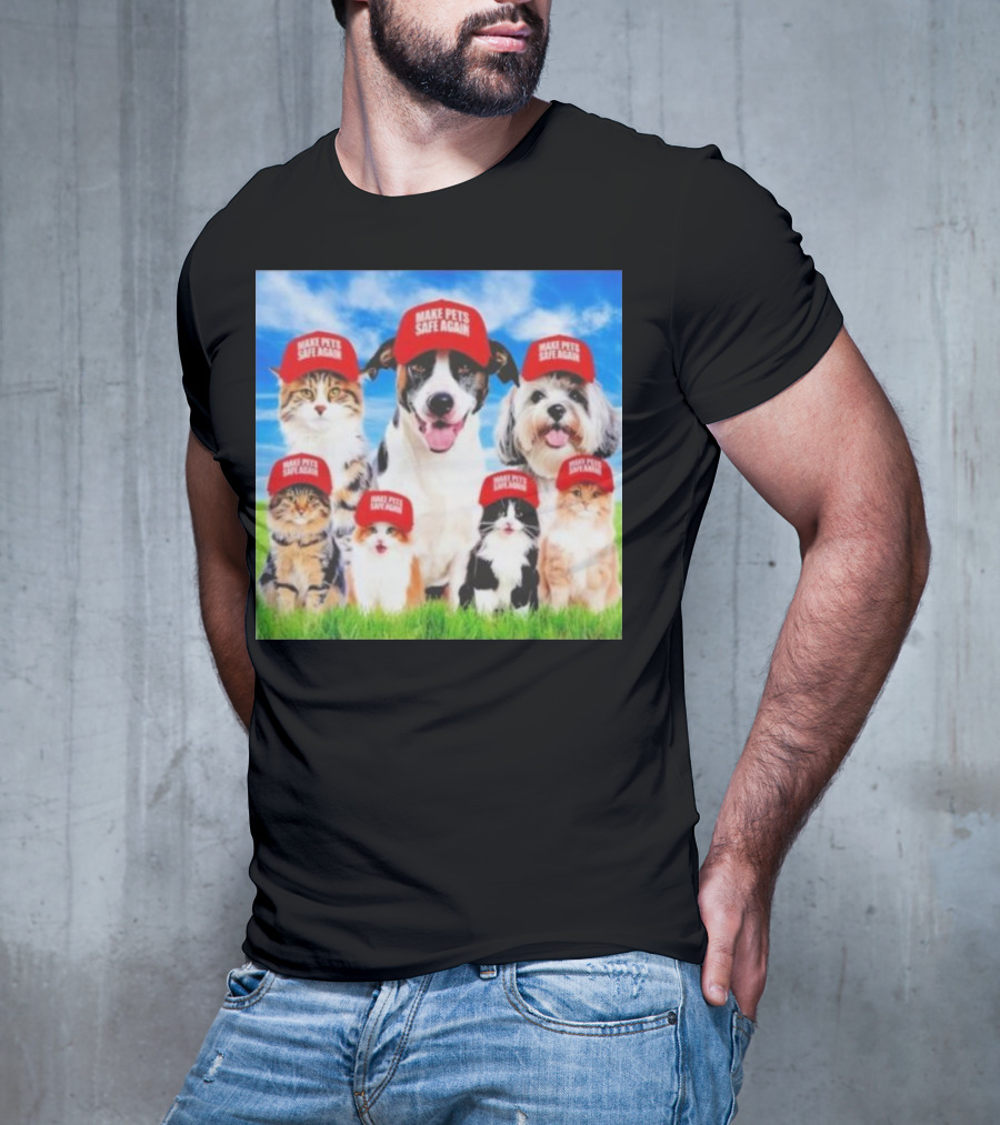 Six Cats And Dogs Wearing Red Make Pets Safe Again Hats On Green Grass T-Shirt