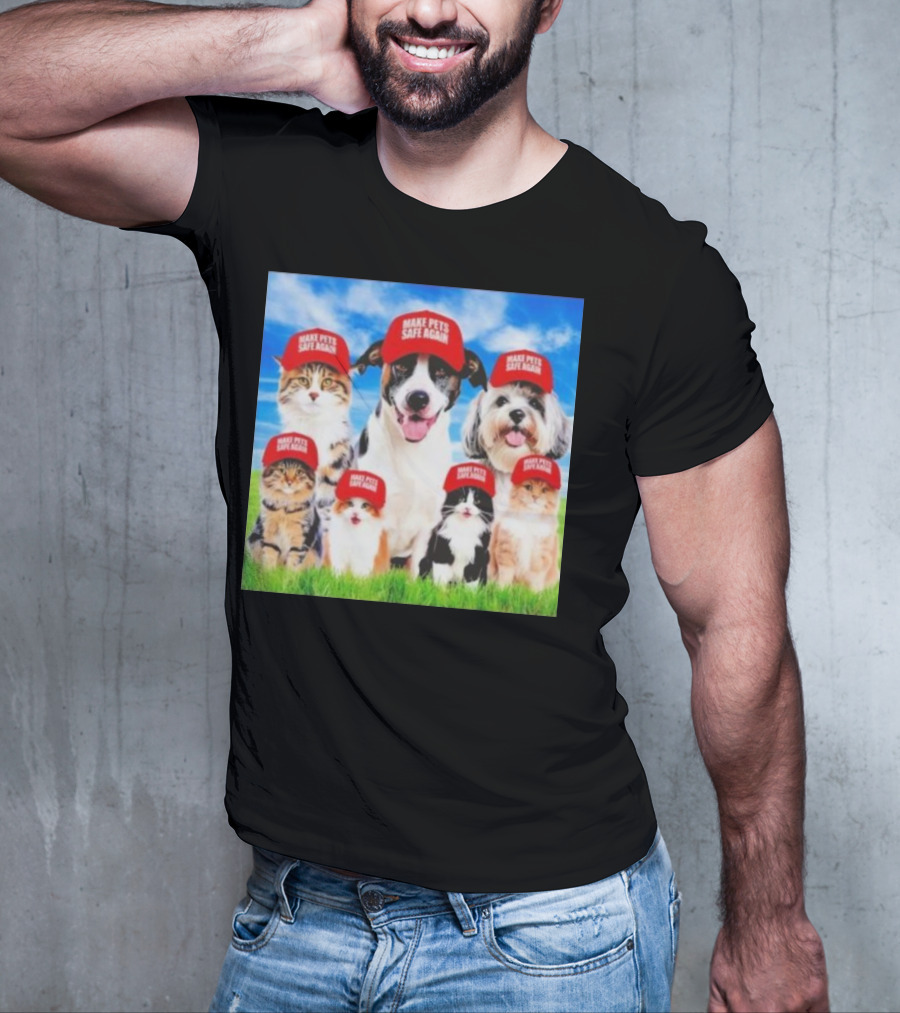 Six Cats And Dogs Wearing Red Make Pets Safe Again Hats On Green Grass T-Shirt
