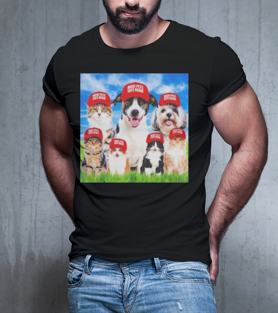 Six Cats And Dogs Wearing Red Make Pets Safe Again Hats On Green Grass T-Shirt