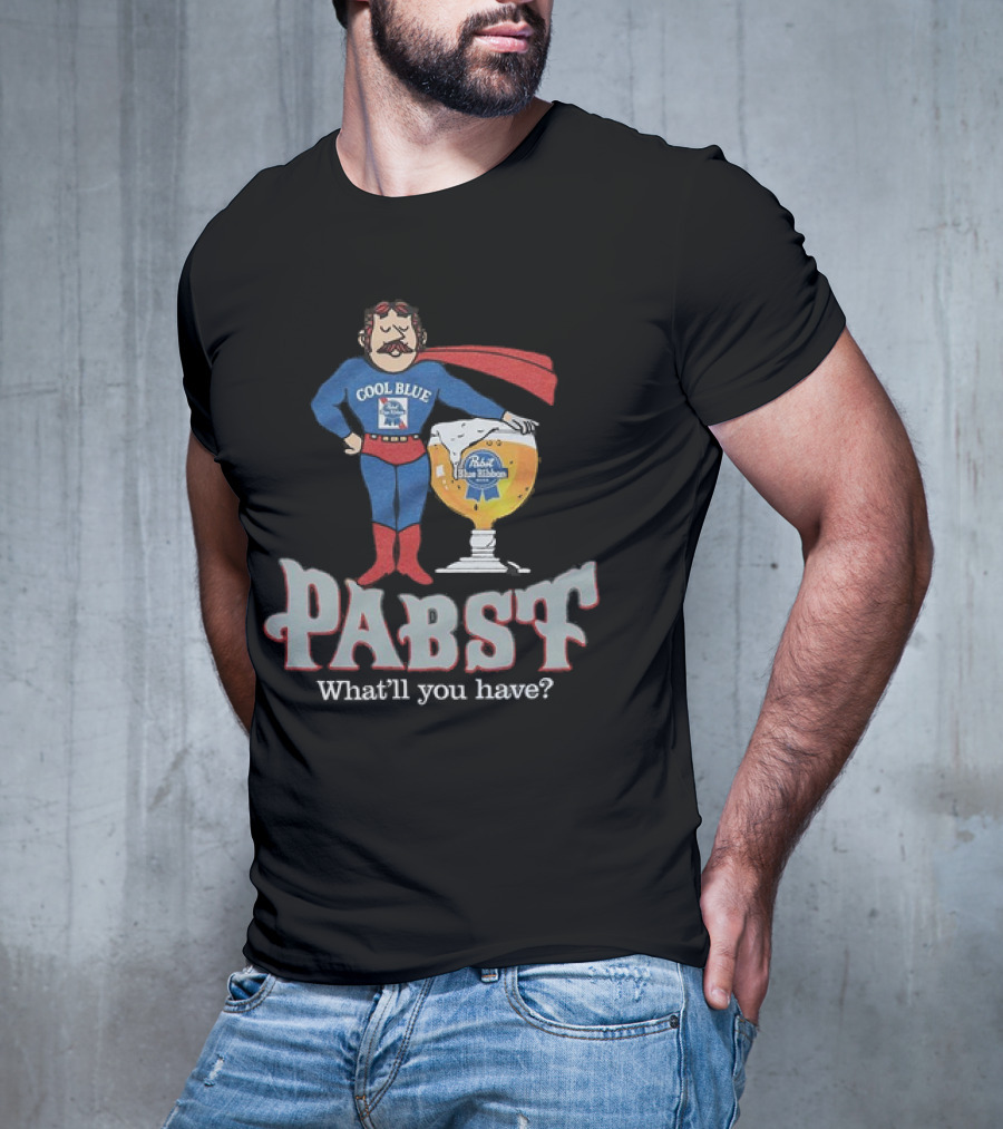 Cool Blue Pabst Superhero With Beer What’ll You Have T-Shirt