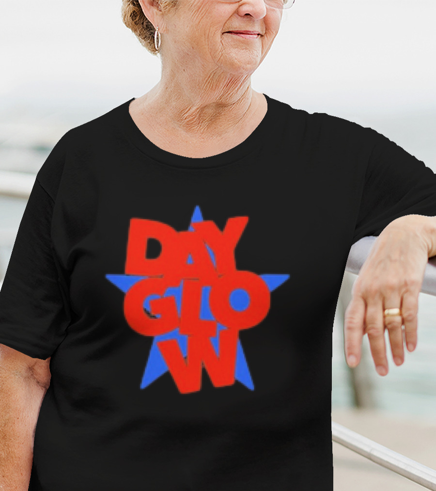 Day Glow Red Blue Star Stacked Black T-Shirt
