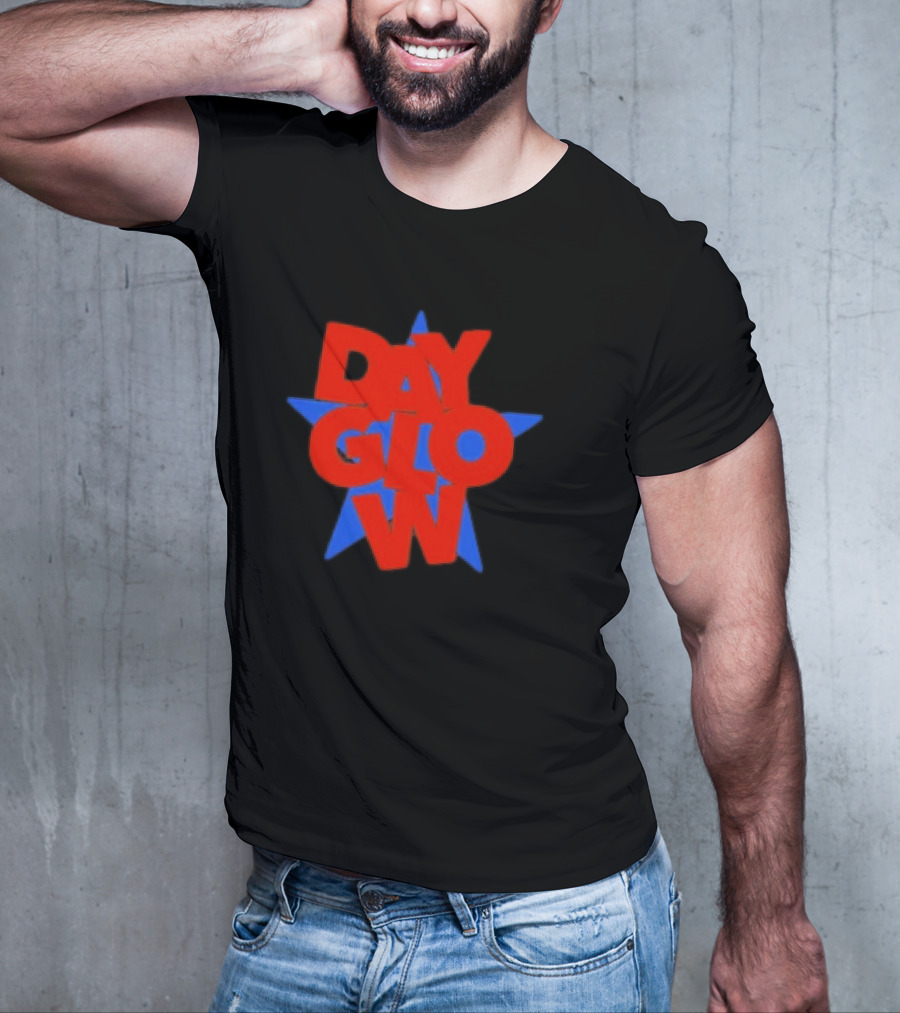 Day Glow Red Blue Star Stacked Black T-Shirt