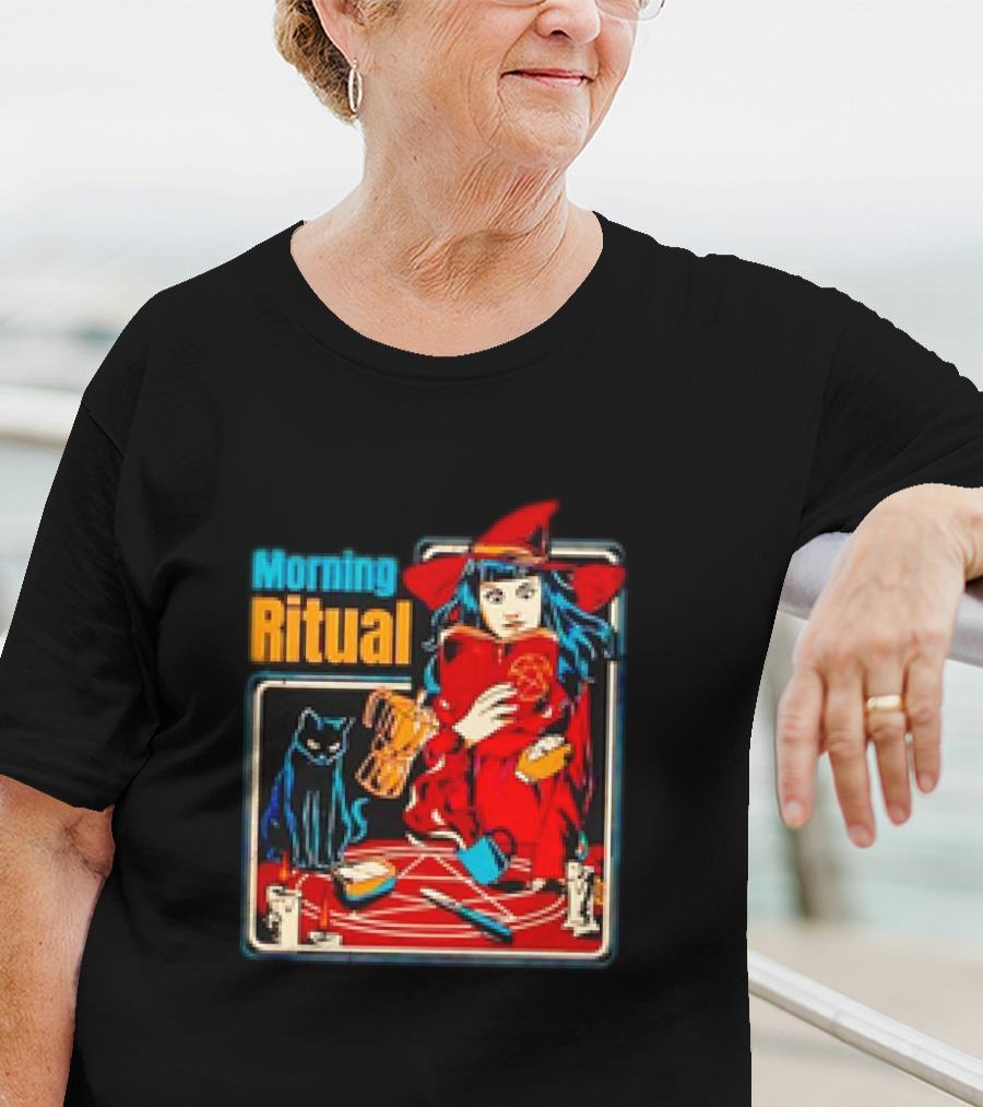 Morning Ritual Witch With Black Cat Coffee Magic T-Shirt