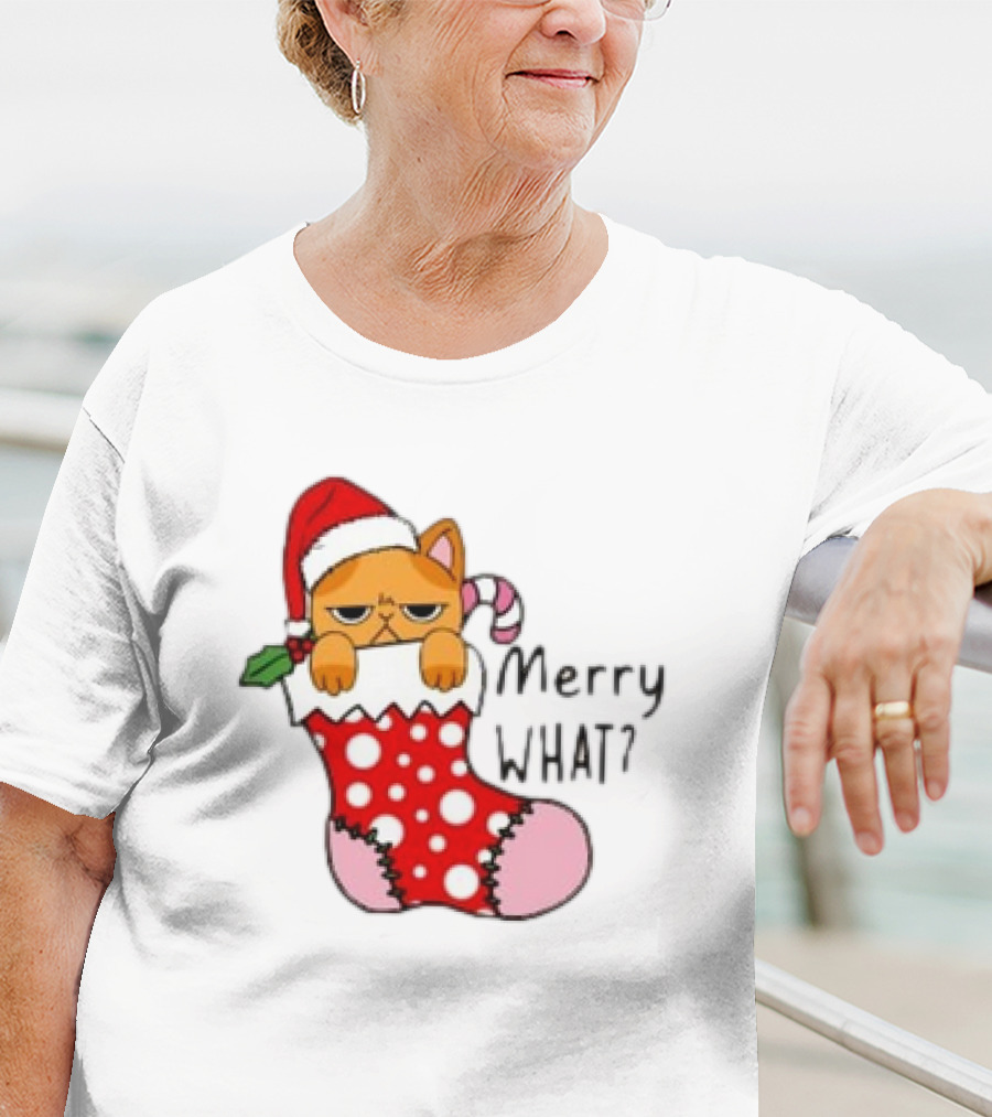 Merry What Cat In Santa Hat Christmas Stocking T-Shirt