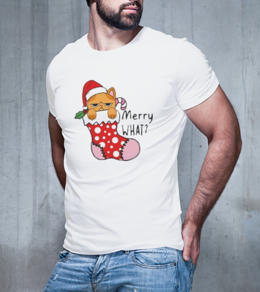 Merry What Cat In Santa Hat Christmas Stocking T-Shirt