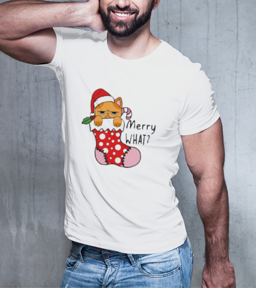 Merry What Cat In Santa Hat Christmas Stocking T-Shirt