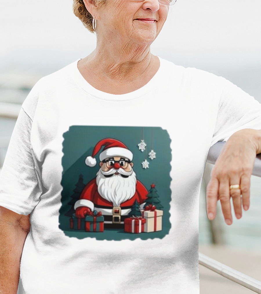 Santa Claus With Snowflakes And Presents Christmas Holiday Scene T-Shirt