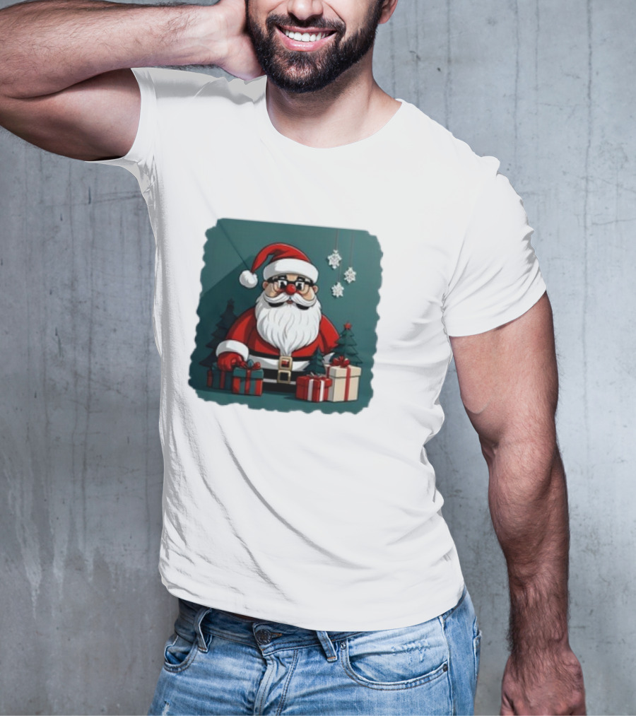Santa Claus With Snowflakes And Presents Christmas Holiday Scene T-Shirt