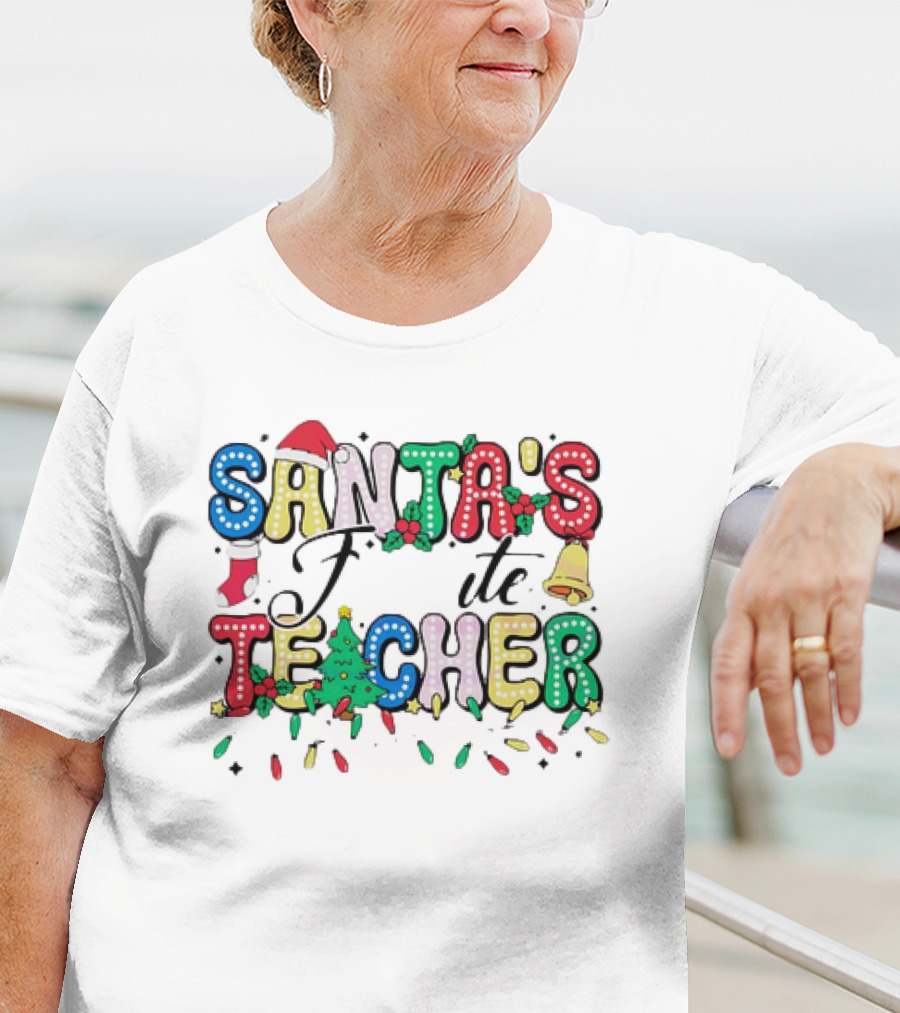 Santa's Favorite Teacher Christmas Light With Hat, Stocking, Bell, And Tree T-Shirt