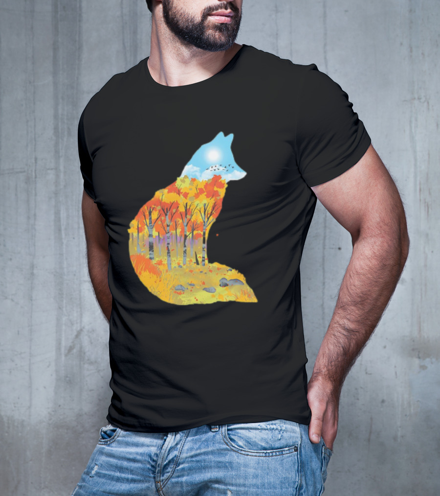 Fox Autumn Forest Landscape With Sun And Birds - I Am The Forest II T-Shirt