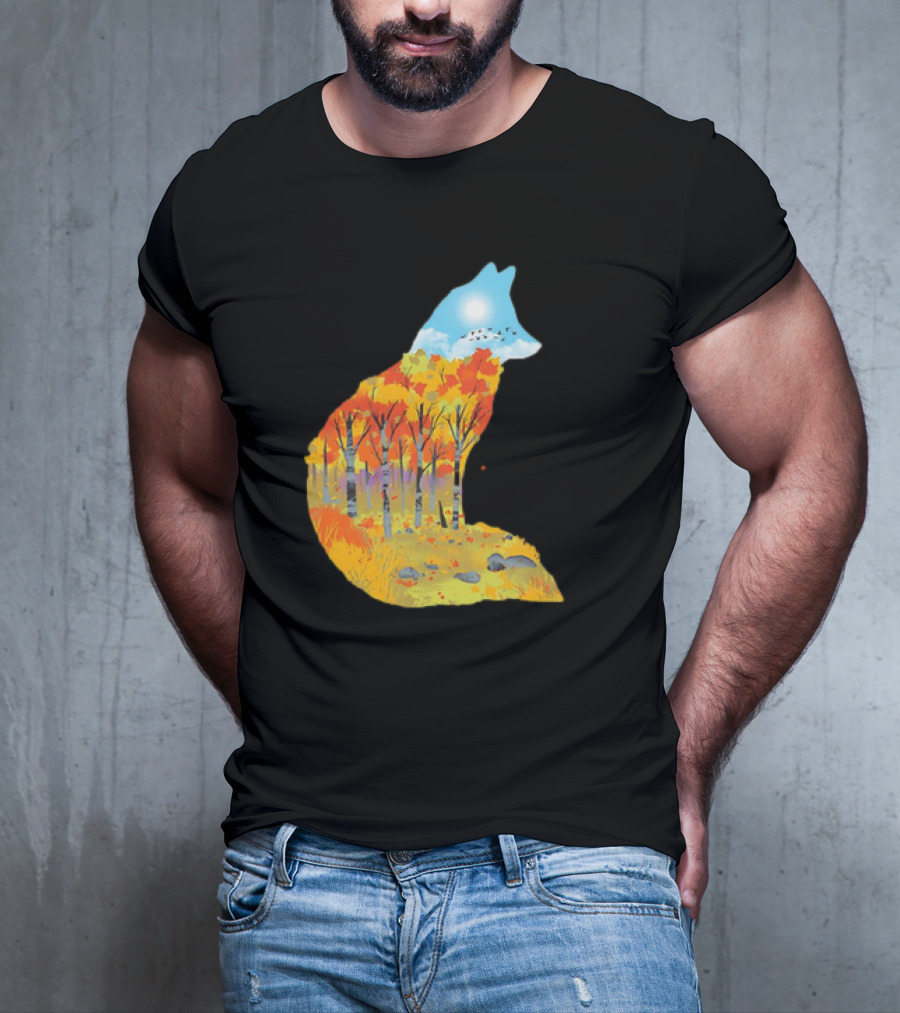 Fox Autumn Forest Landscape With Sun And Birds - I Am The Forest II T-Shirt