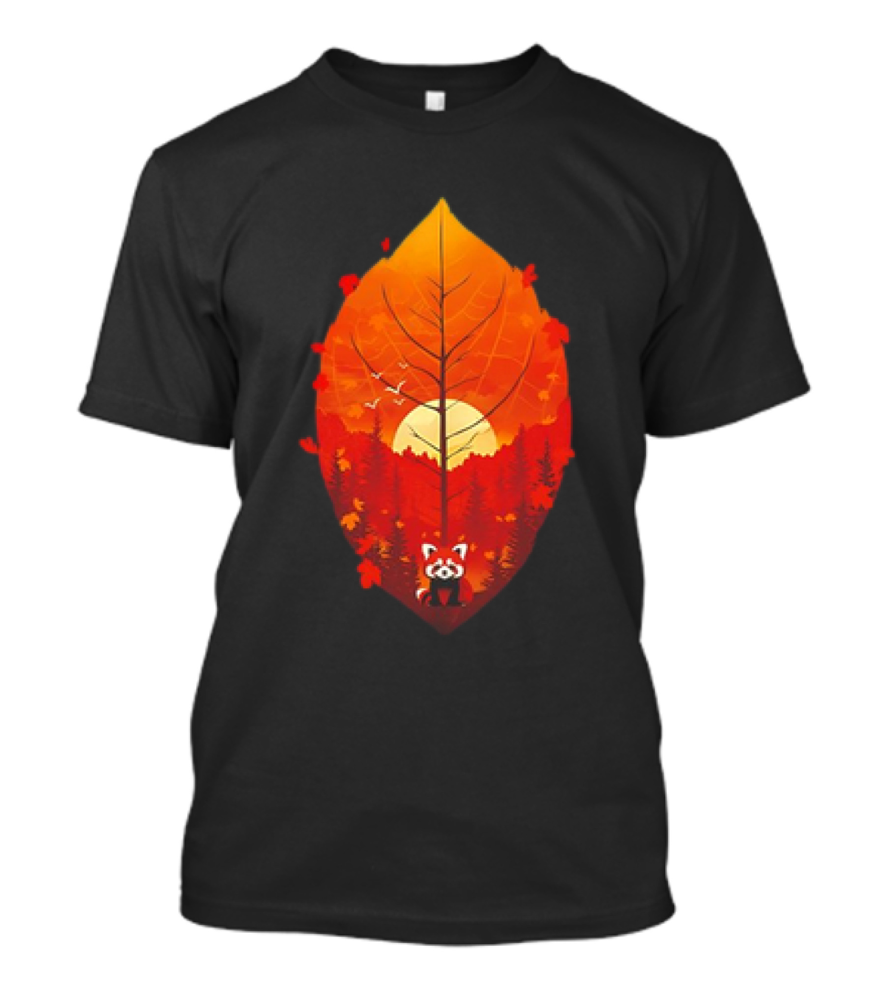 Panda Red Leaf Forest Sunset T-Shirt