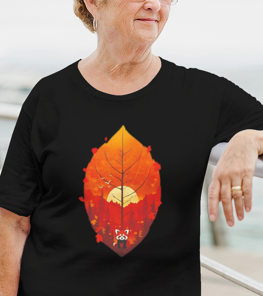 Panda Red Leaf Forest Sunset T-Shirt