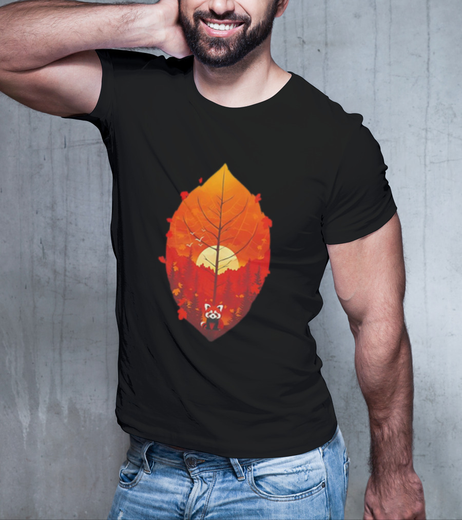 Panda Red Leaf Forest Sunset T-Shirt