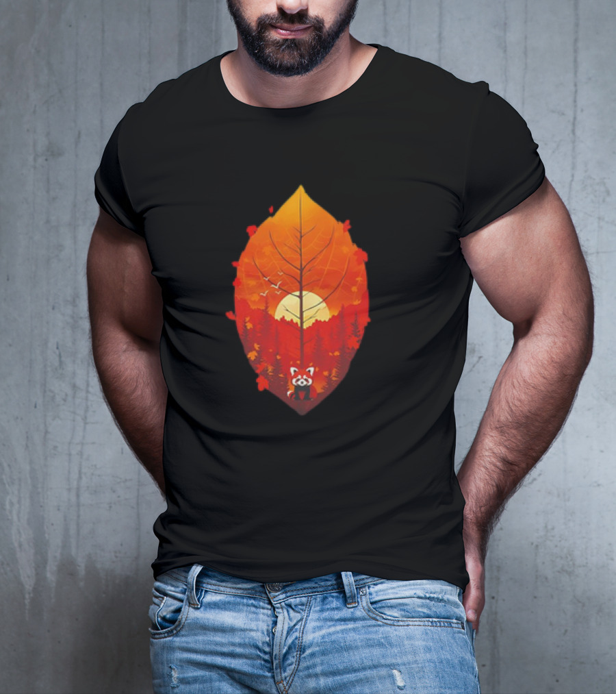 Panda Red Leaf Forest Sunset T-Shirt