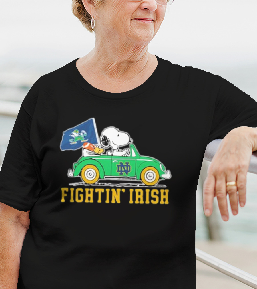 Peanuts Snoopy Woodstock Driving Notre Dame Fighting Irish Car T-Shirt