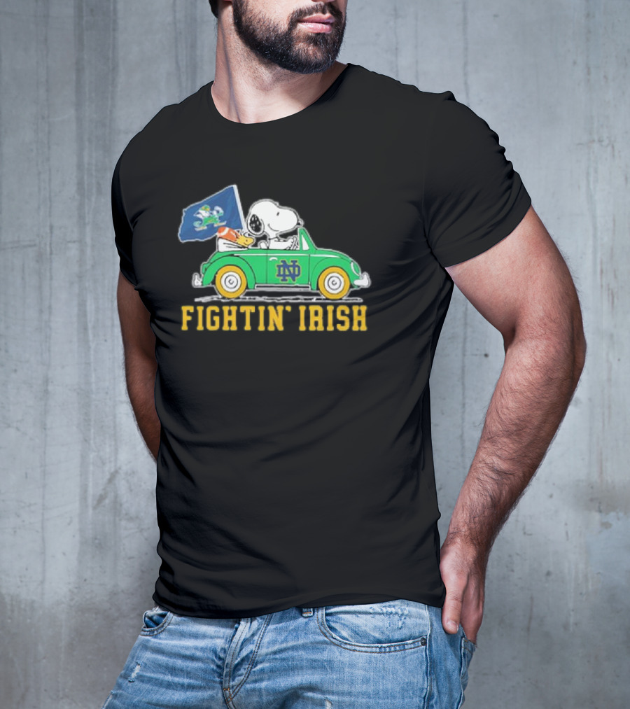Peanuts Snoopy Woodstock Driving Notre Dame Fighting Irish Car T-Shirt