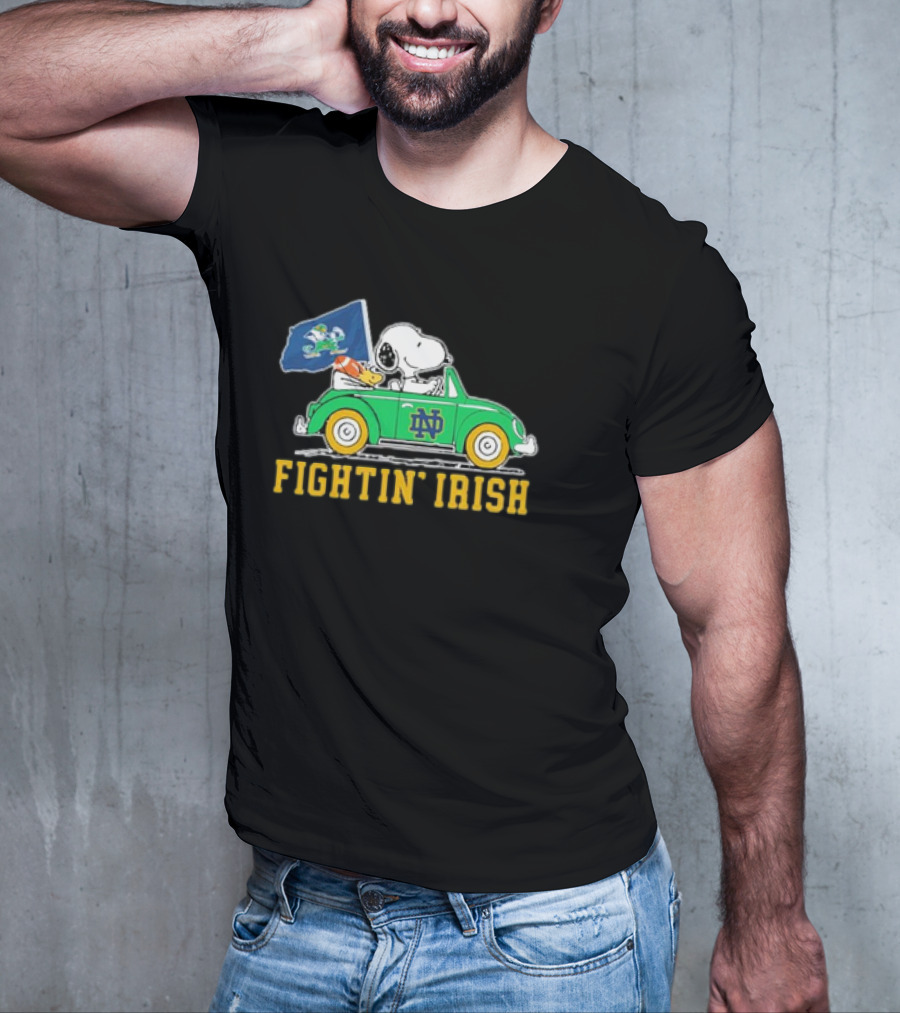 Peanuts Snoopy Woodstock Driving Notre Dame Fighting Irish Car T-Shirt