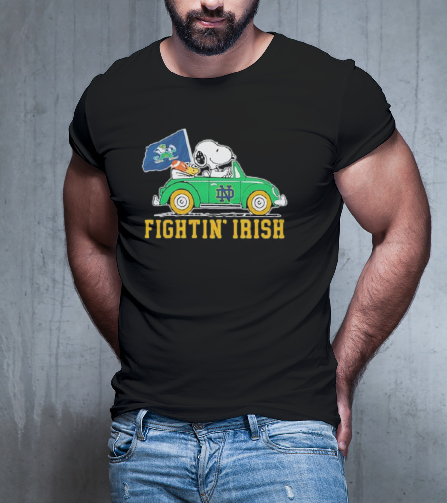 Peanuts Snoopy Woodstock Driving Notre Dame Fighting Irish Car T-Shirt