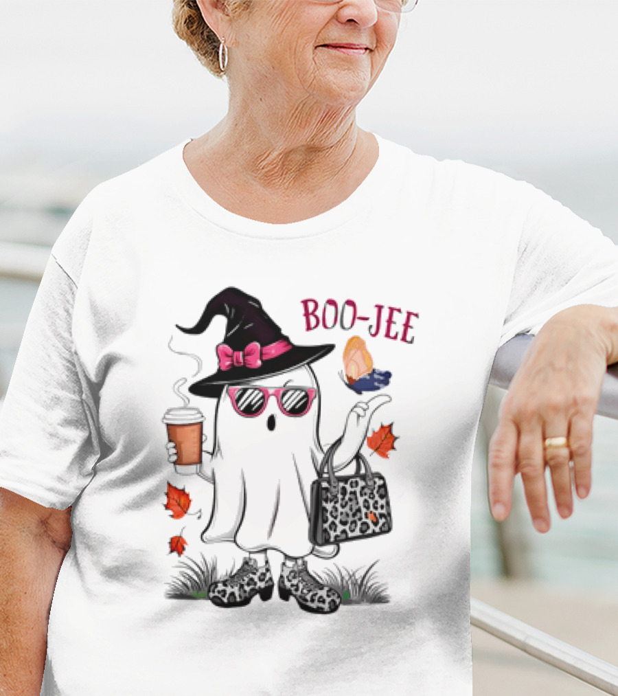 Boo Jee Leopard Ghost Fall Vibes With Hat And Coffee T-Shirt