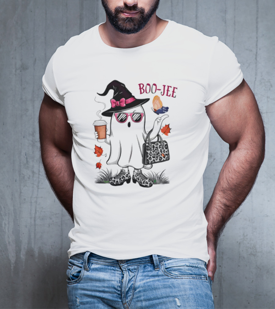 Boo Jee Leopard Ghost Fall Vibes With Hat And Coffee T-Shirt